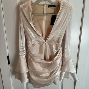 Low Cut Champagne Long Sleeve Mini Dress- NWT